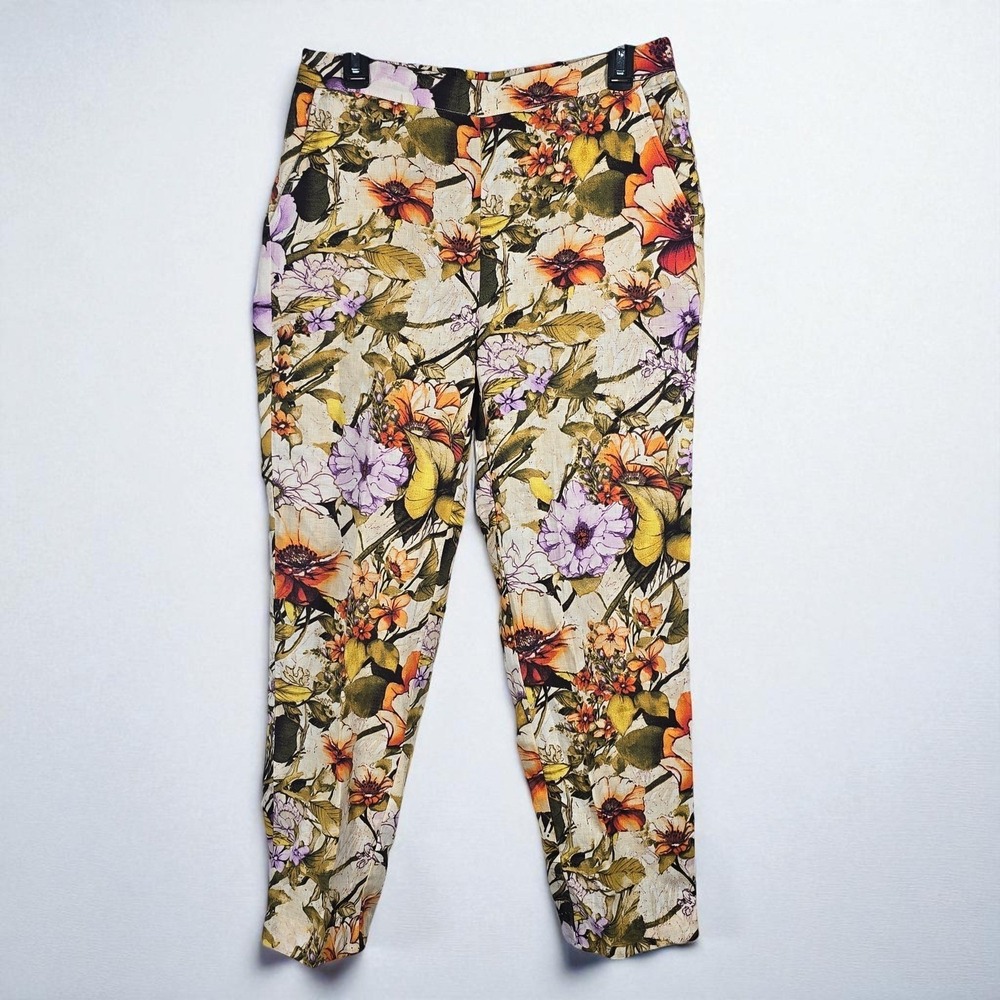 Chico's‎ Floral Print Linen Pants Woman Lightweight Casual Trousers Size 0R (4R)